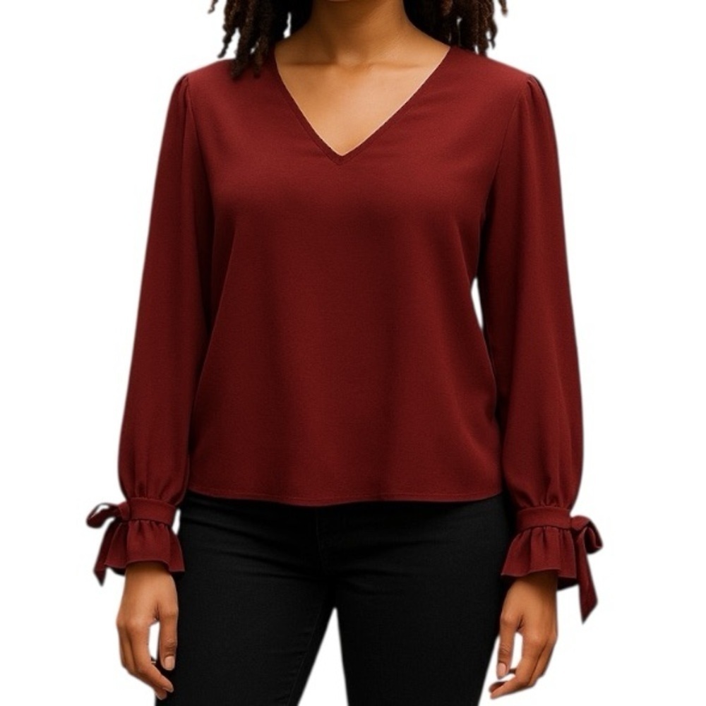 NEW CeCe Bow Cuff Burgundy Textured V-Neck Blouse Women’s Small NWOT